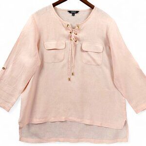 Ellen Tracy Shirt Sz XL Linen Lace Up Blouse Pockets 3/4 Sleeve Top Lagonlook
